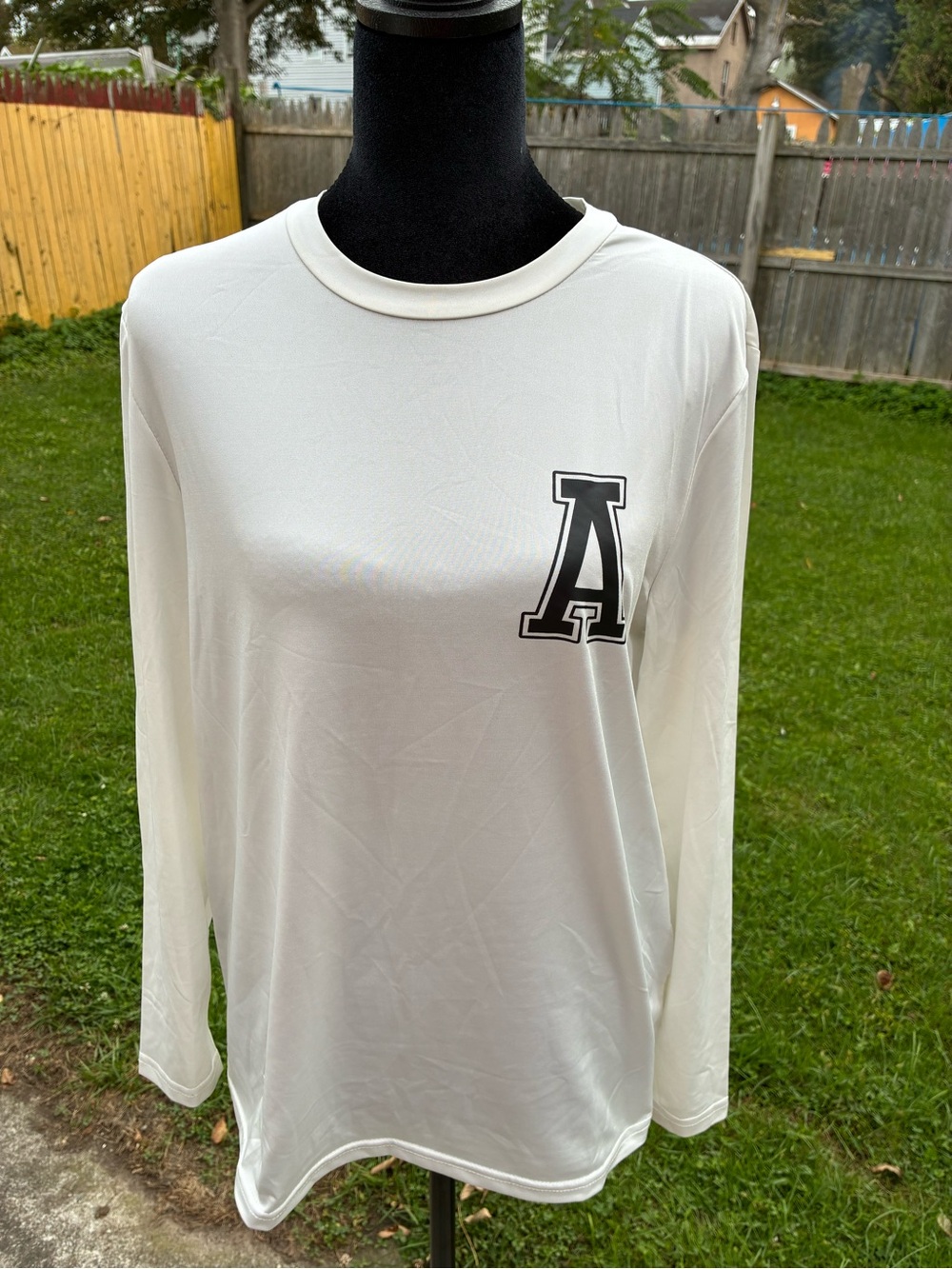SHEIN White Long Sleeve Crewneck Tee with Black 'A' Graphic